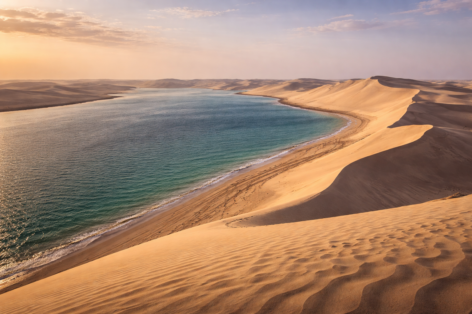 נוף חור אל-עדאיד בקטאר, שבו דיונות זהובות גבוהות יורדות אל מים שקטים, ויוצרות שילוב נדיר של מדבר וים