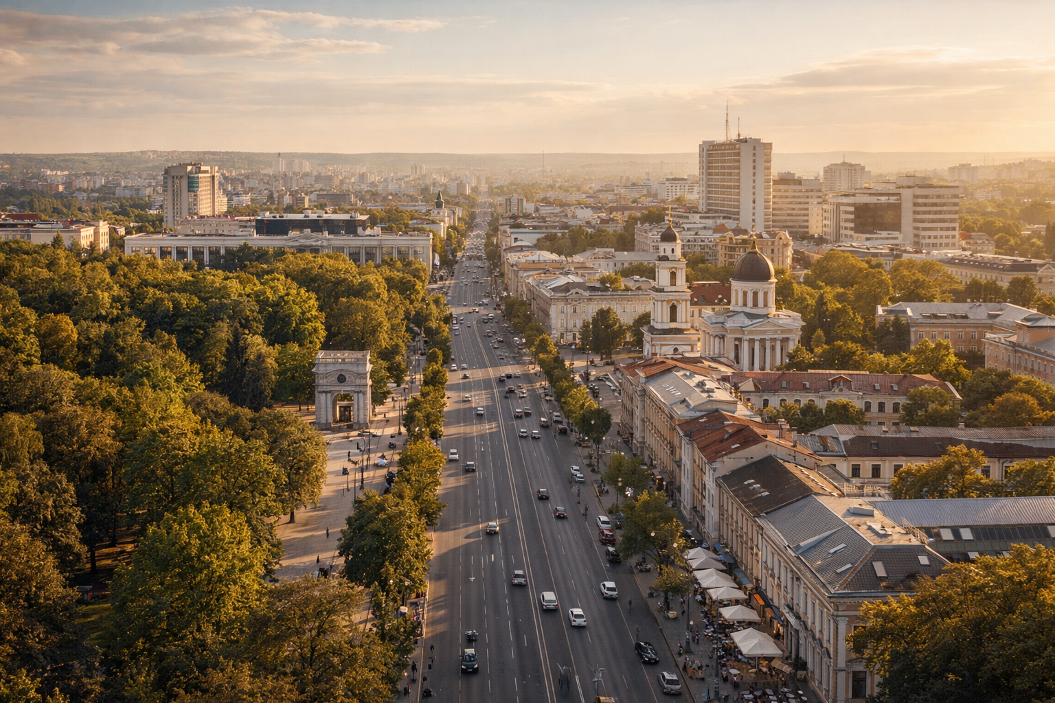 מבט פנורמי על קישינב עם רחובות ירוקים, ארכיטקטורה עירונית, פארקים ואור ערב רך.