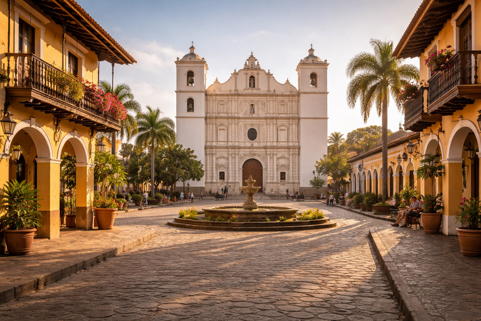 המרכז ההיסטורי של קומאיאגואה בהונדורס עם אדריכלות קולוניאלית, כיכר עתיקה, קתדרלה ורחובות שטופי שמש