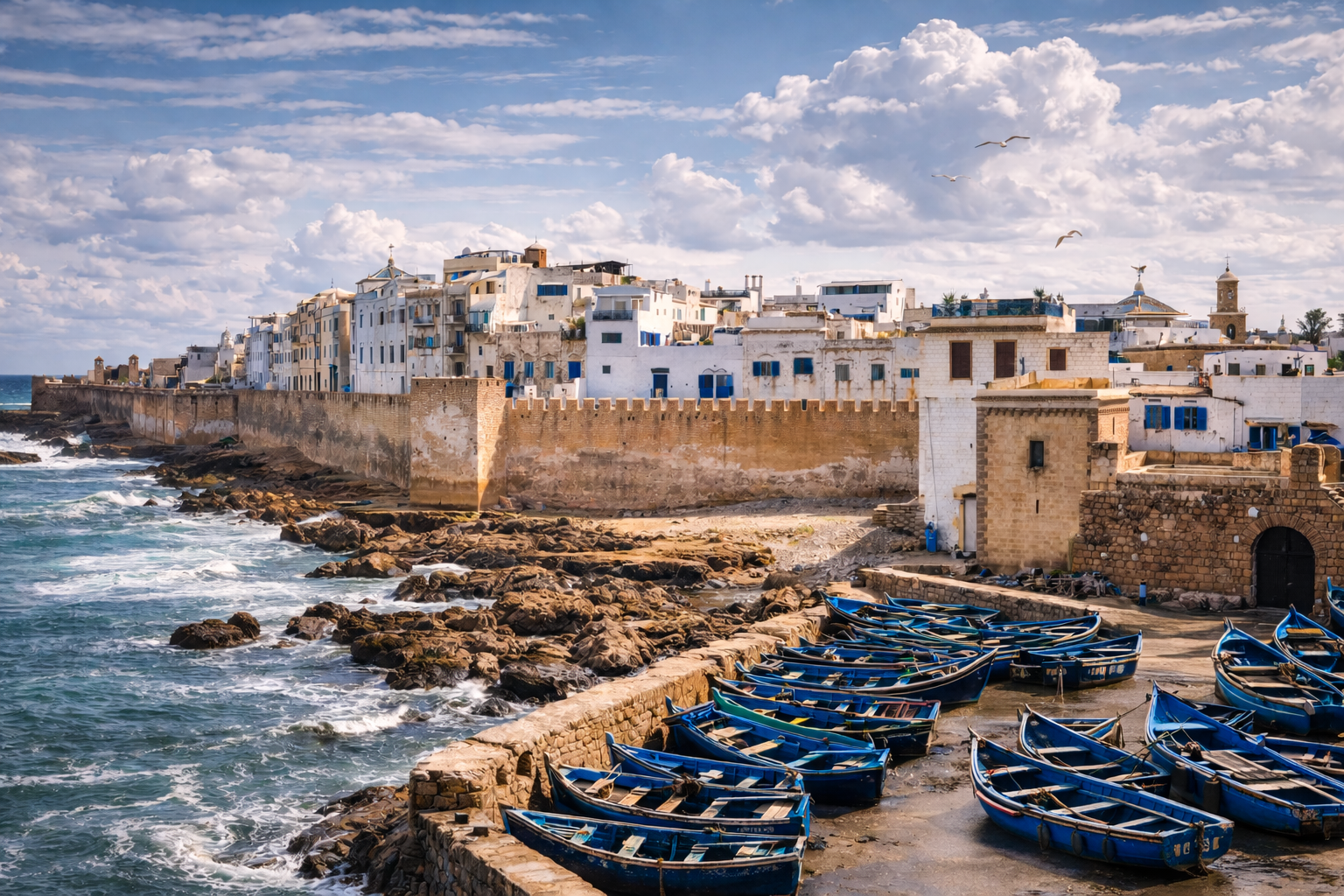 The port and fortress walls of Essaouira on Morocco’s Atlantic coast.