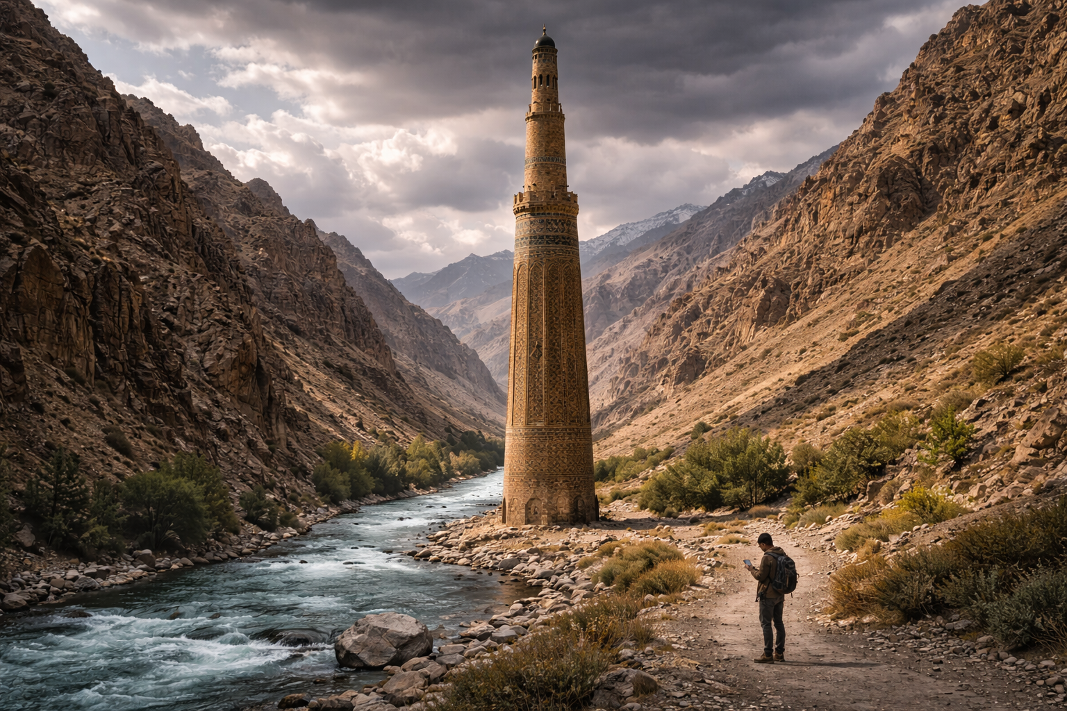 The Minaret of Jam in the mountains and a tourist with a smartphone