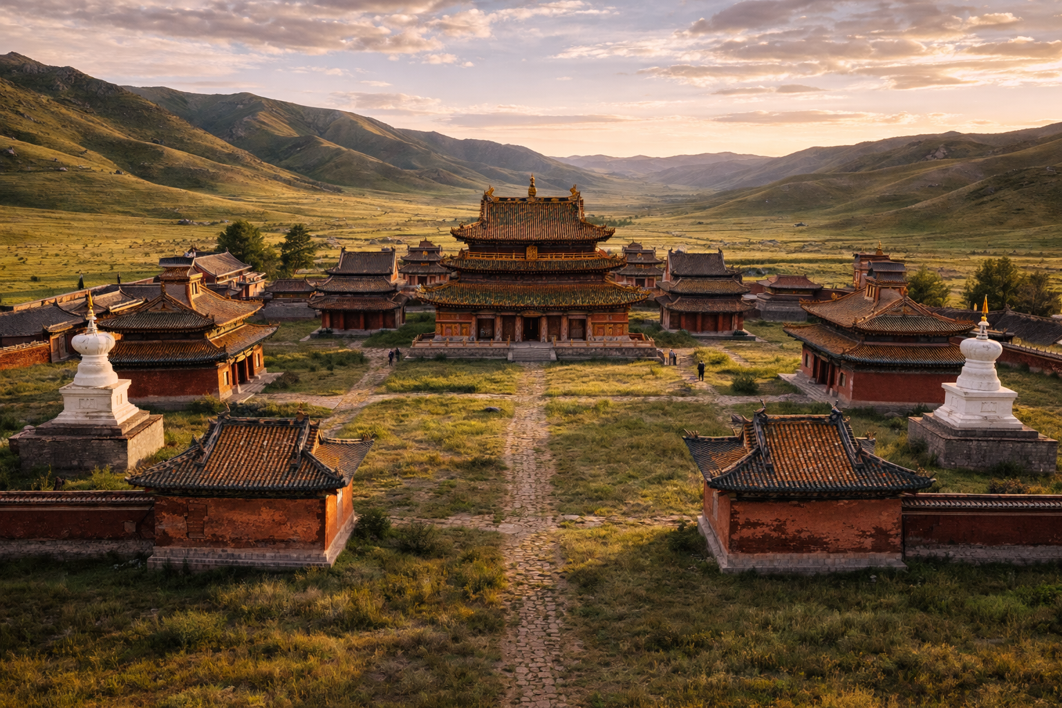 El monasterio Amarbayasgalant con arquitectura tradicional y una atmósfera serena en el valle