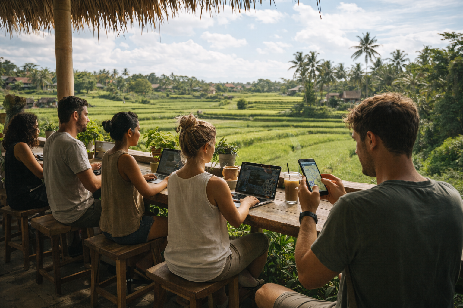 A café in Canggu with laptops and a smartphone on the table