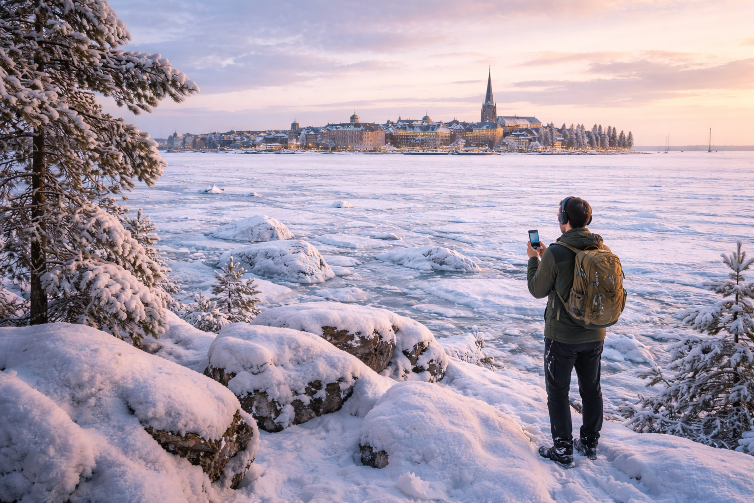Frozen sea in Luleå, and a tourist with GPS