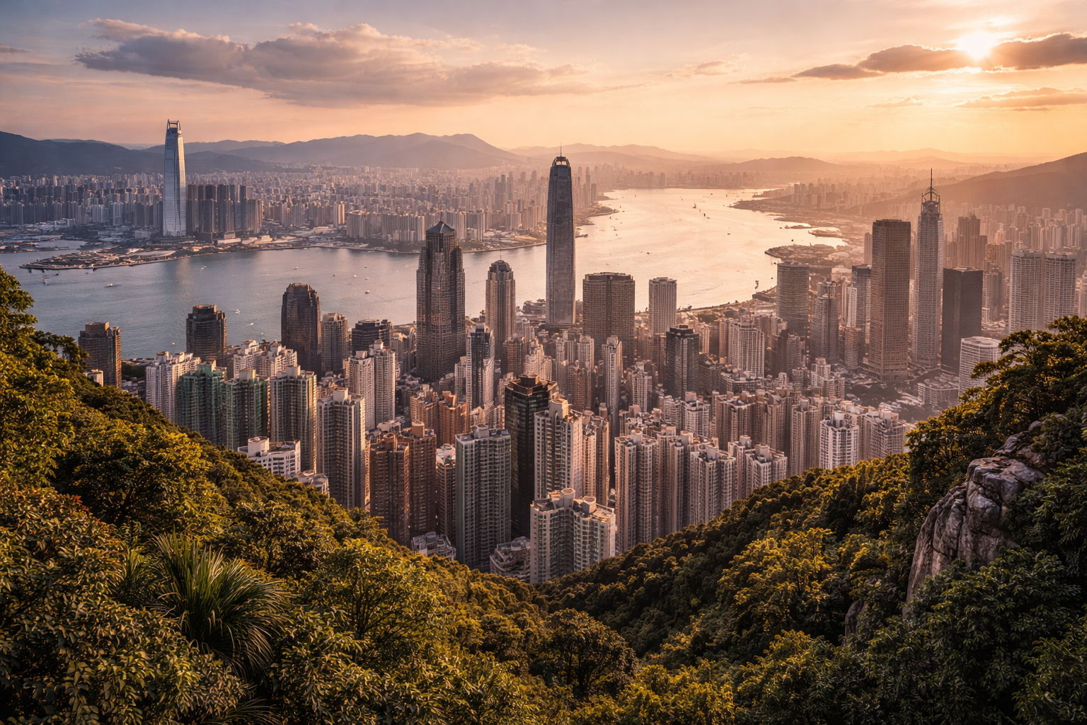 Panorama of Hong Kong from the top of Victoria Peak.