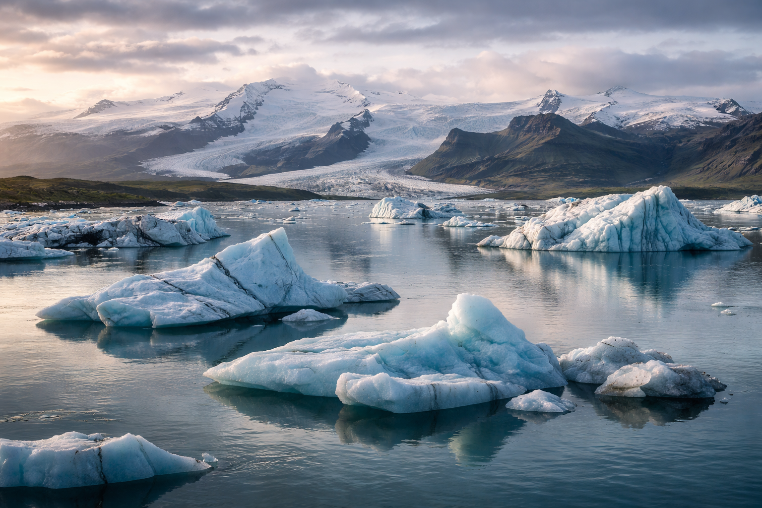 Jökulsárlón ledāja lagūna Islandē ar aisbergiem, mierīgu ūdeni un skarbu ledāja ainavu