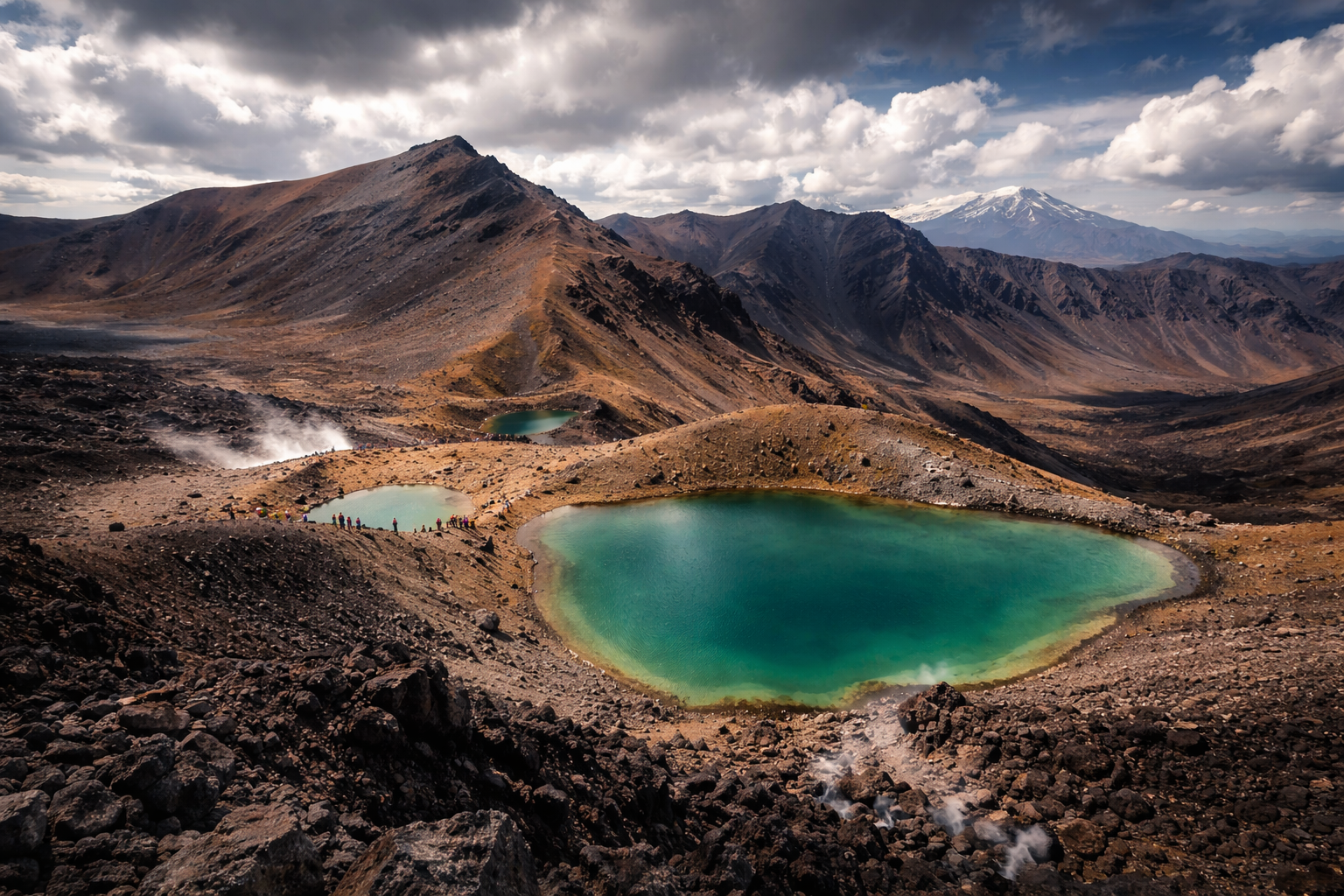 Tongariro vulkāniskā ainava ar smaragdzaļiem ezeriem