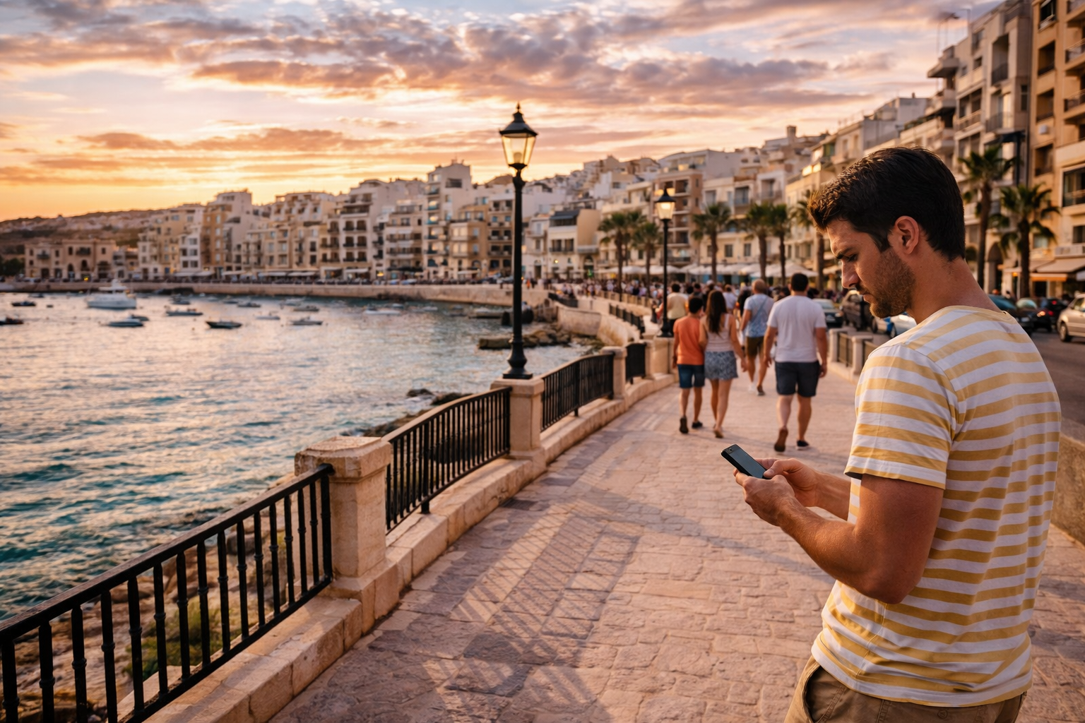 Persiaran tepi laut Marsaskala dengan pelancong dan telefon pintar