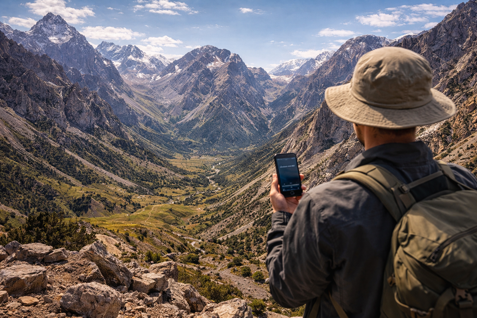הרי פאן בטג'יקיסטן עם פסגות סלעיות עוצמתיות, עמק ירוק ומטייל המשתמש ב-eSIM בטלפון במהלך עצירה.