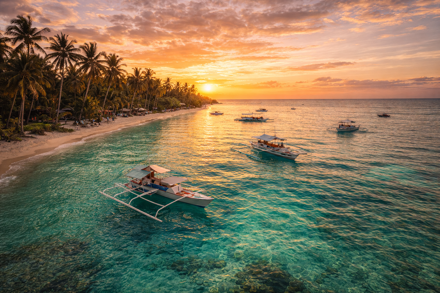 A tropical beach on Malapascua Island with clear water and palm trees.