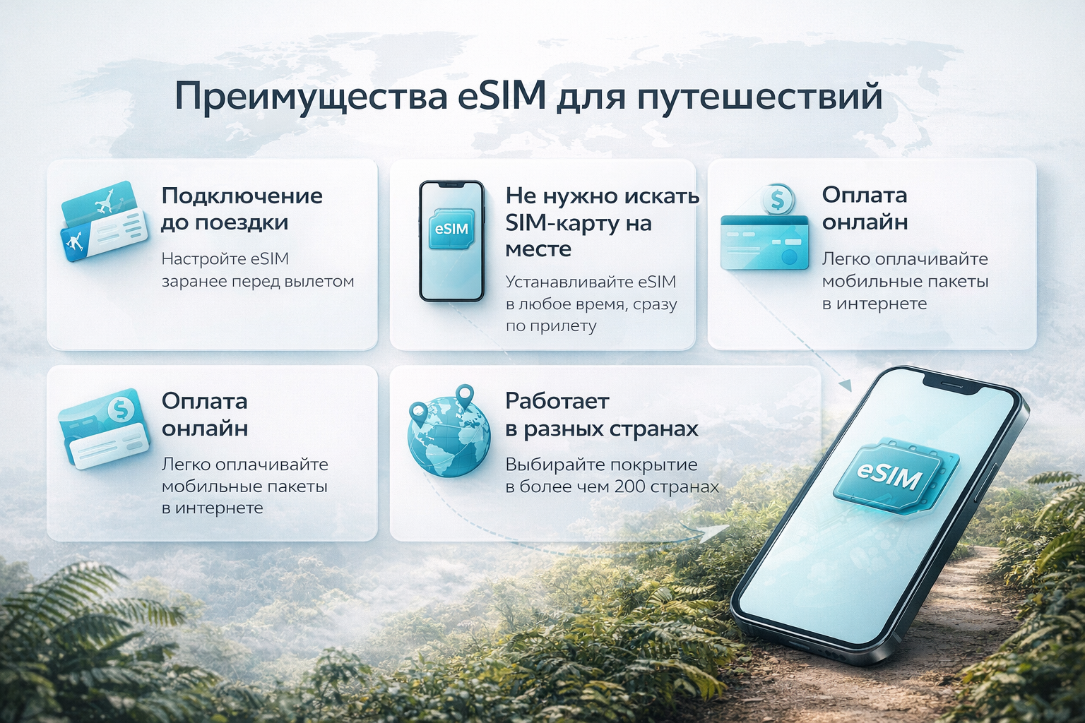 eSIMの旅行メリットをまとめたインフォグラフィック：出発前の接続、オンライン購入、複数国対応、現地でSIMカードを探す必要がないこと、メインSIMと併用できること。