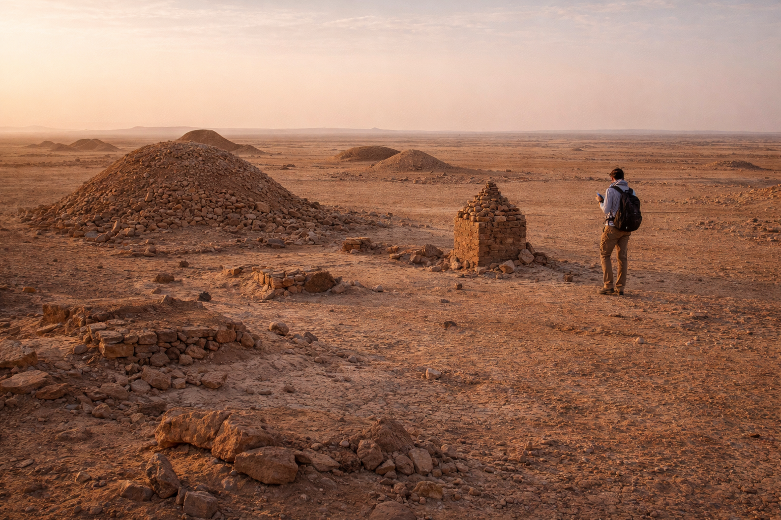 הנוף הארכיאולוגי של זומה בסודן עם תלי קבורה עתיקים, מרחב מדברי פתוח ומטייל המשתמש ב-eSIM למסלול.