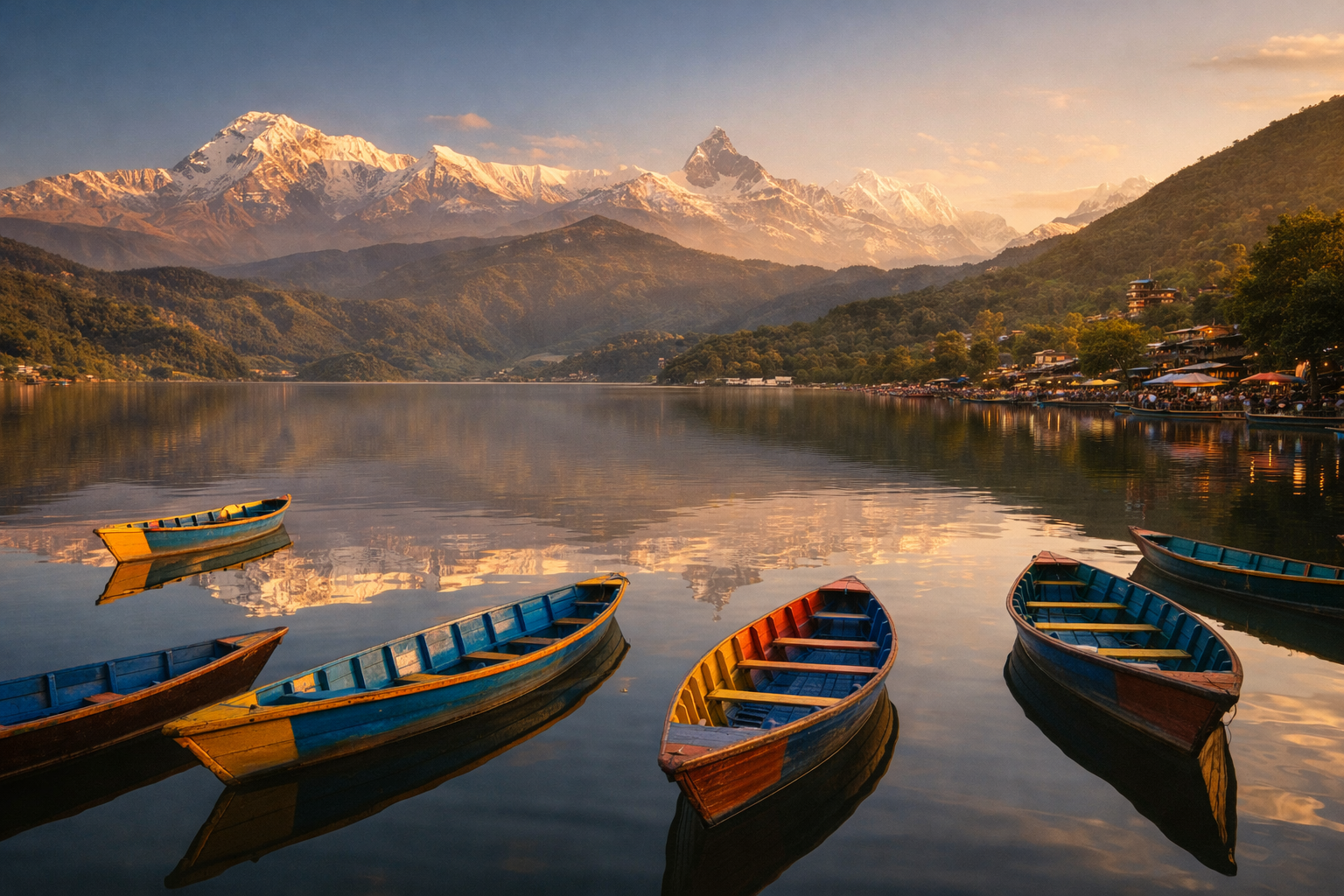 Il lago Phewa a Pokhara con il riflesso delle montagne dell’Annapurna
