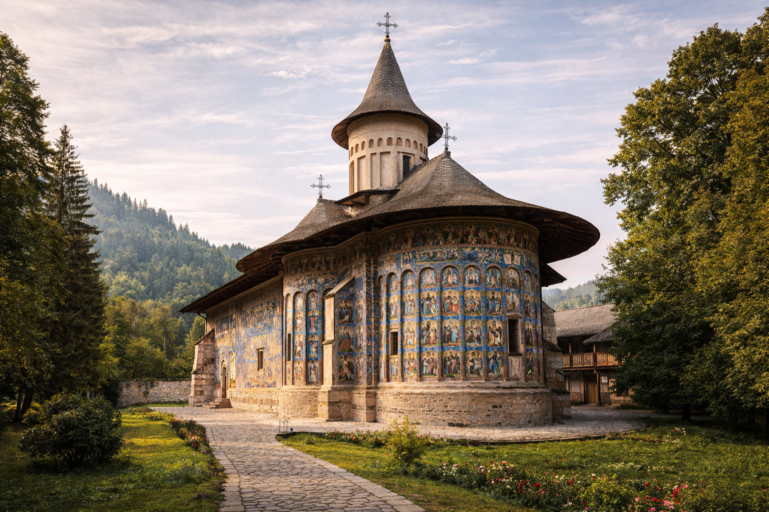 Voroneț Monastery with blue frescoes.