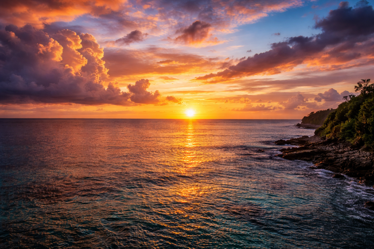 A sunset on Guam’s west coast with a bright sky and the ocean
