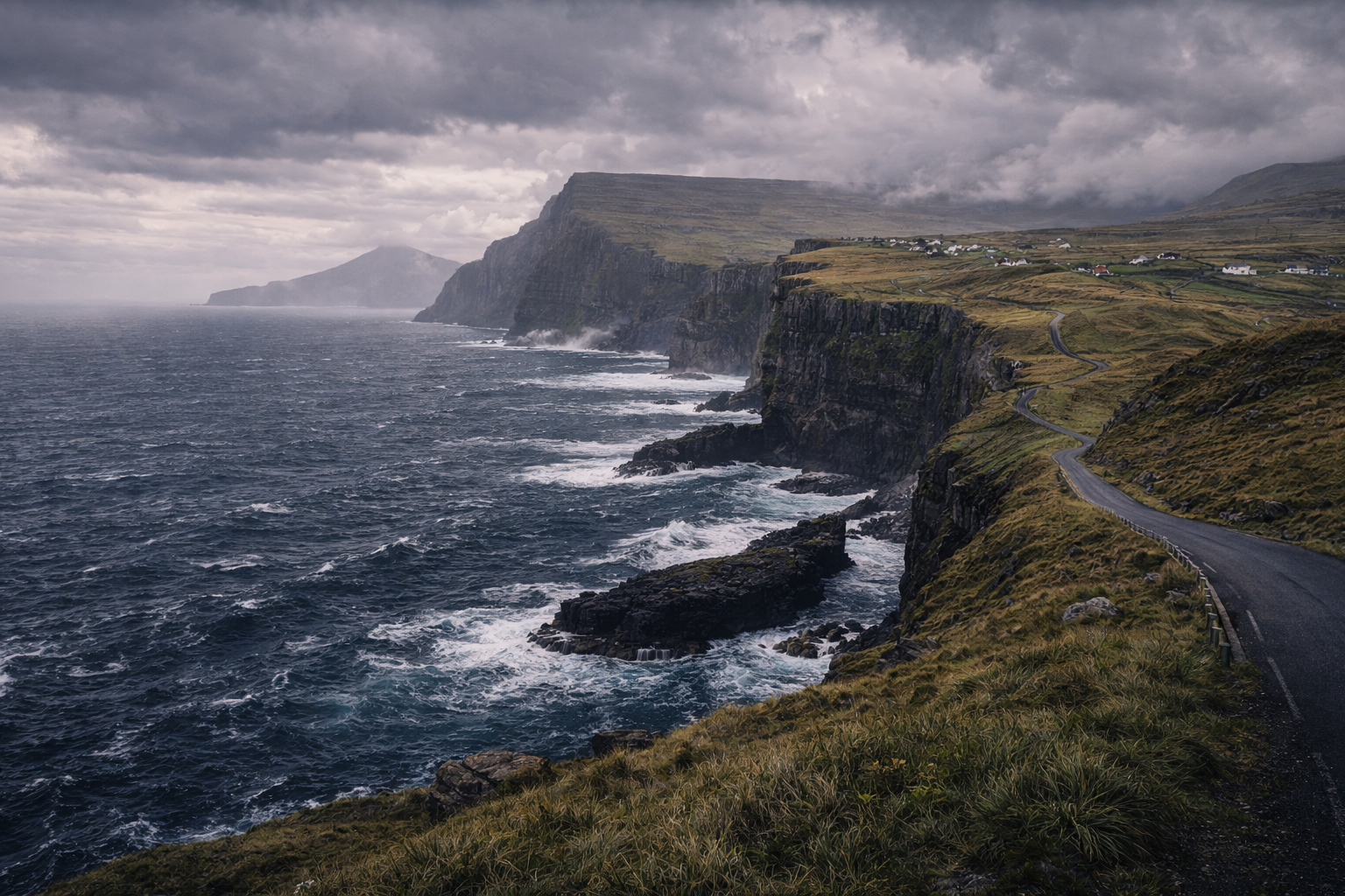 Dramatyczny krajobraz Suðuroy z południowymi klifami, oceanem, surowym wybrzeżem i odległymi wioskami Wysp Owczych