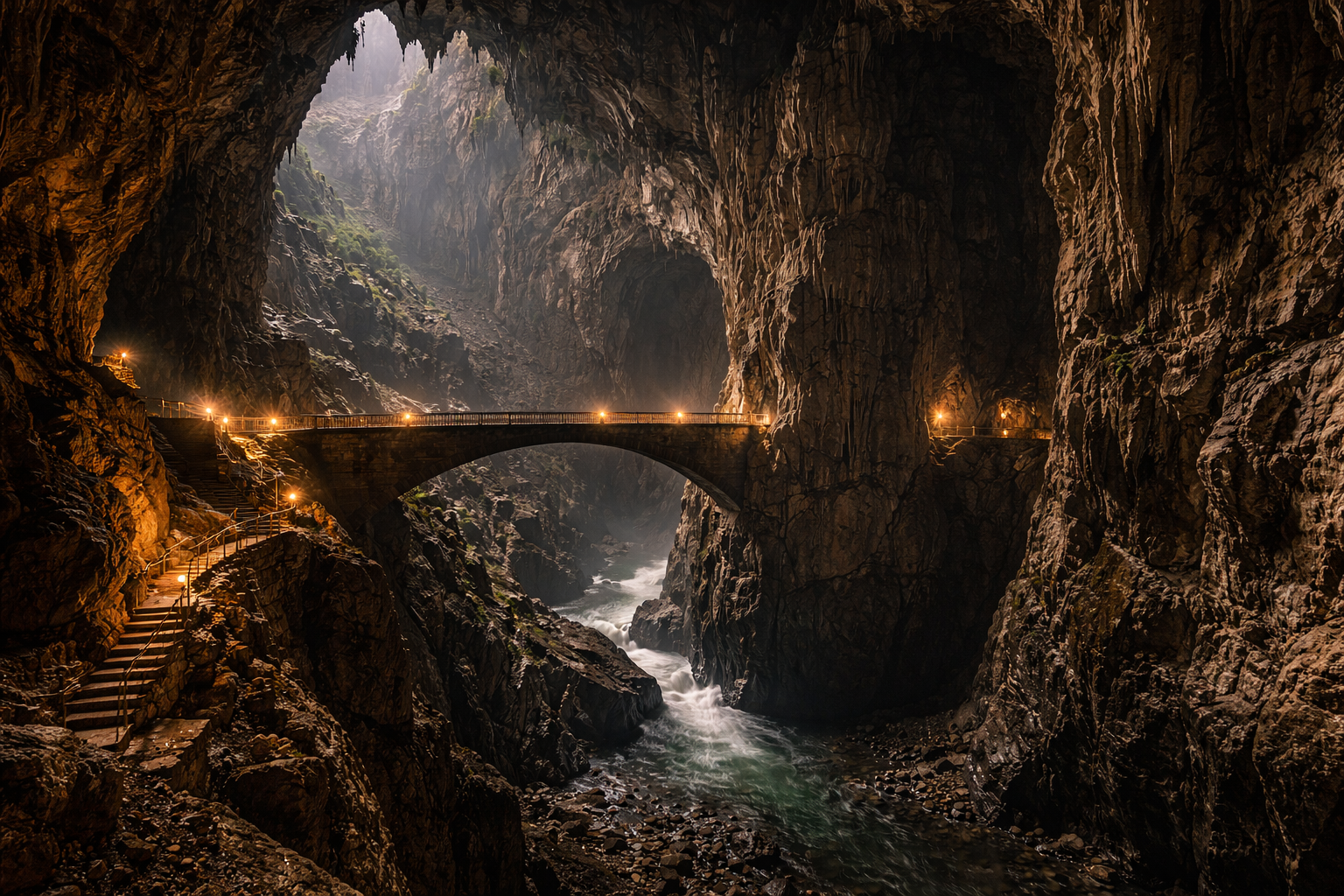 מערות שקוציאן בסלובניה עם מרחבים תת-קרקעיים עצומים וגשר מעל קניון