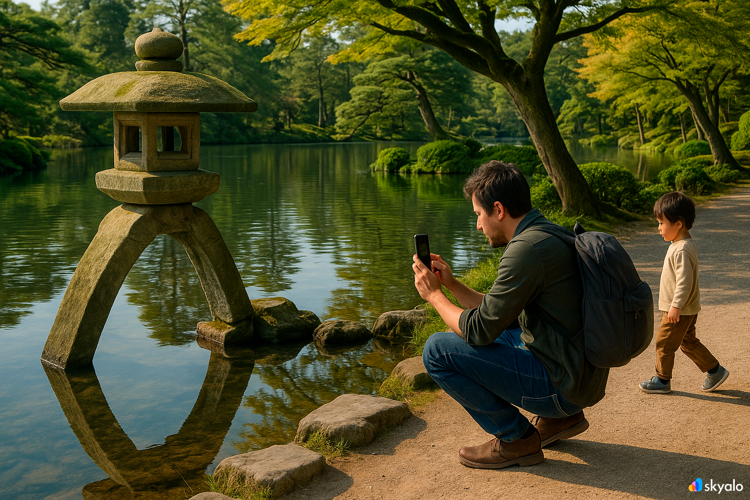 Tourist photographing a stone lantern by the pond in Kenroku-en; reflections of trees shimmering in the water