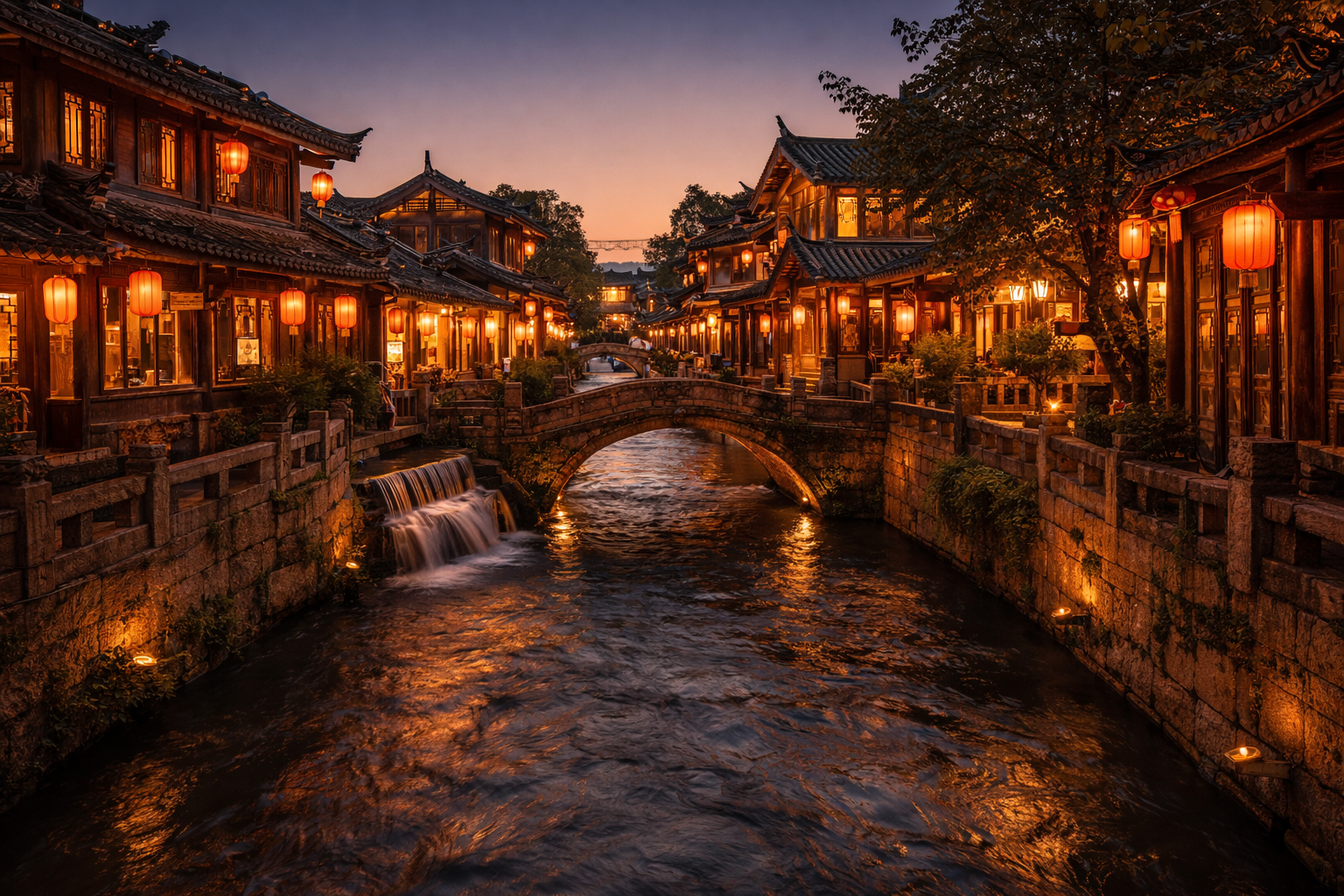 Lijiang Old Town with canals and lanterns