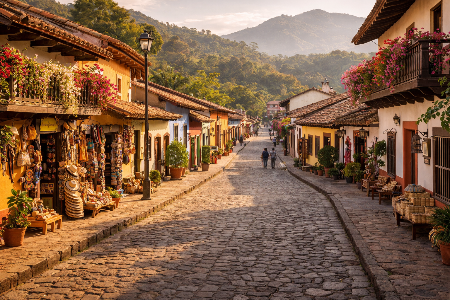 רחוב נעים בוייה דה אנחלס בהונדורס עם מבנים מלאי אופי, חנויות מלאכת יד, פרחים ואווירה רגועה של עיירה קטנה