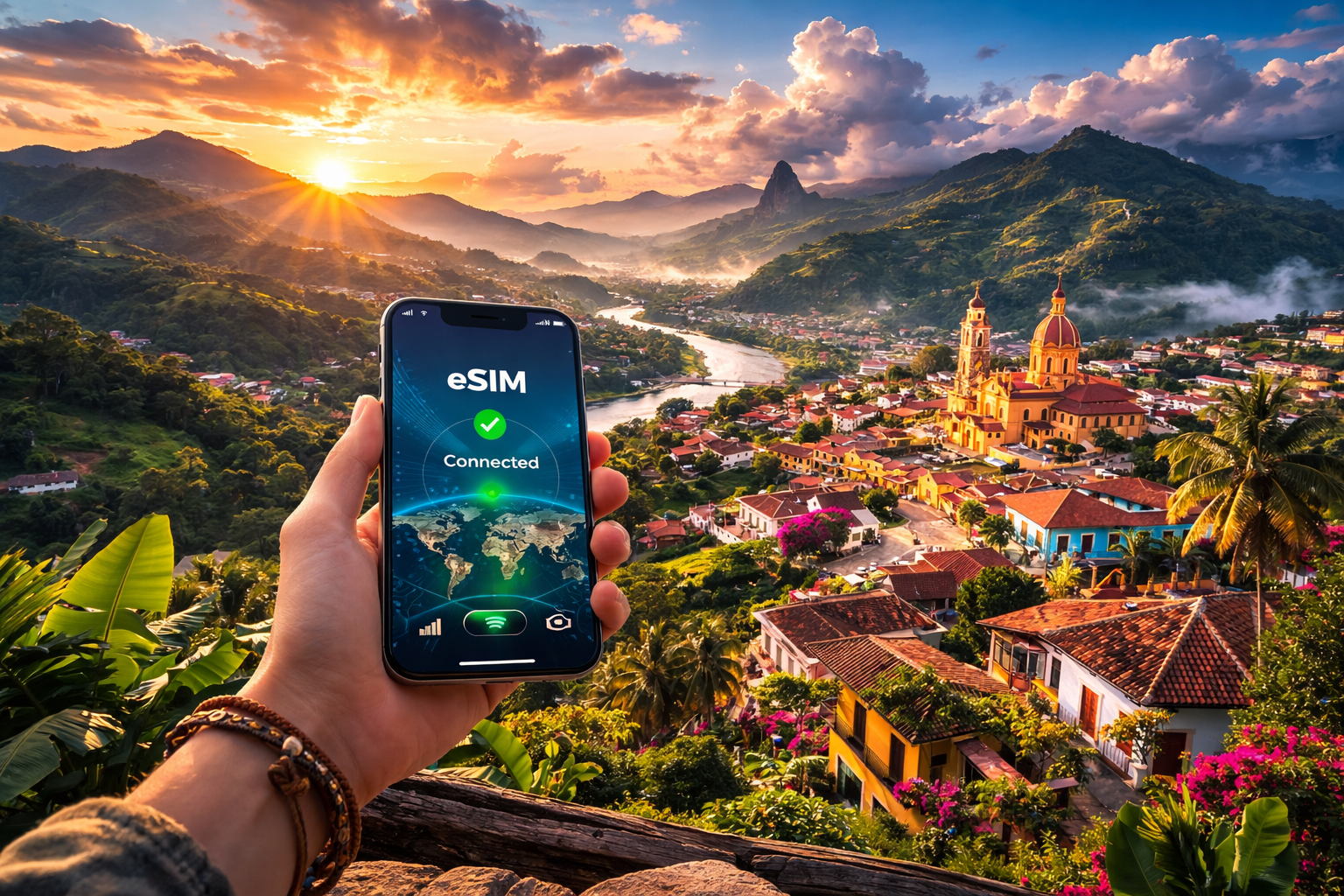 Putnik u planinama Kolumbije koristi pametni telefon sa aktiviranim eSIM-om za mobilni internet