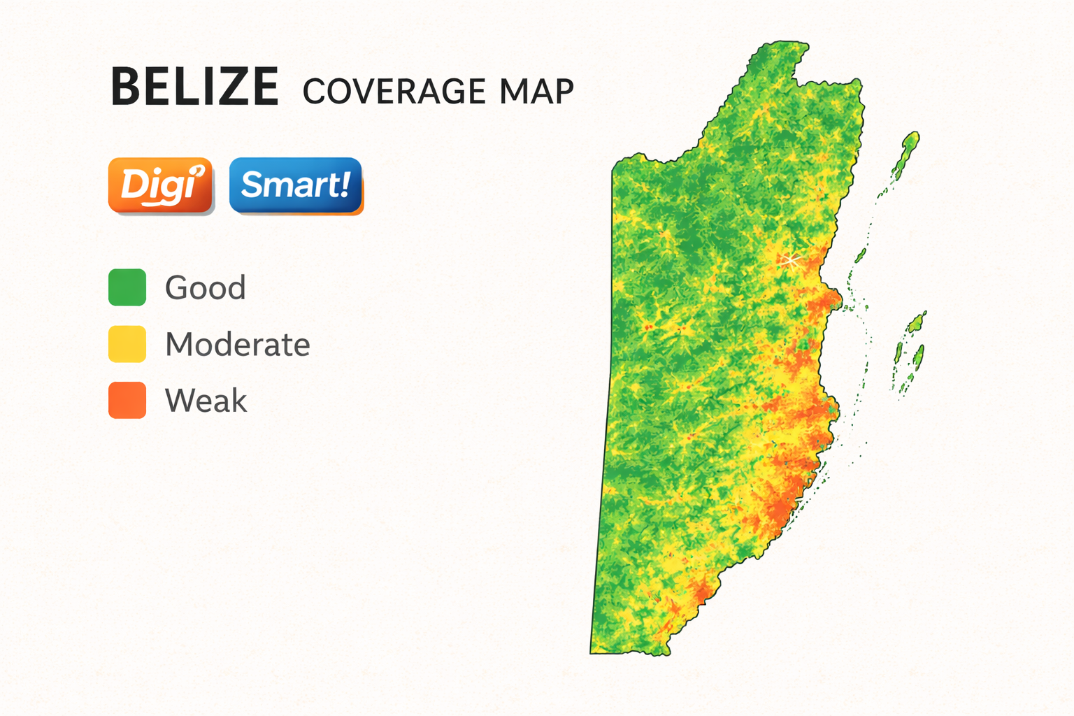 Мінімалістична карта покриття мобільної мережі в Белізі з позначенням зон якості сигналу та операторів Digi і Smart