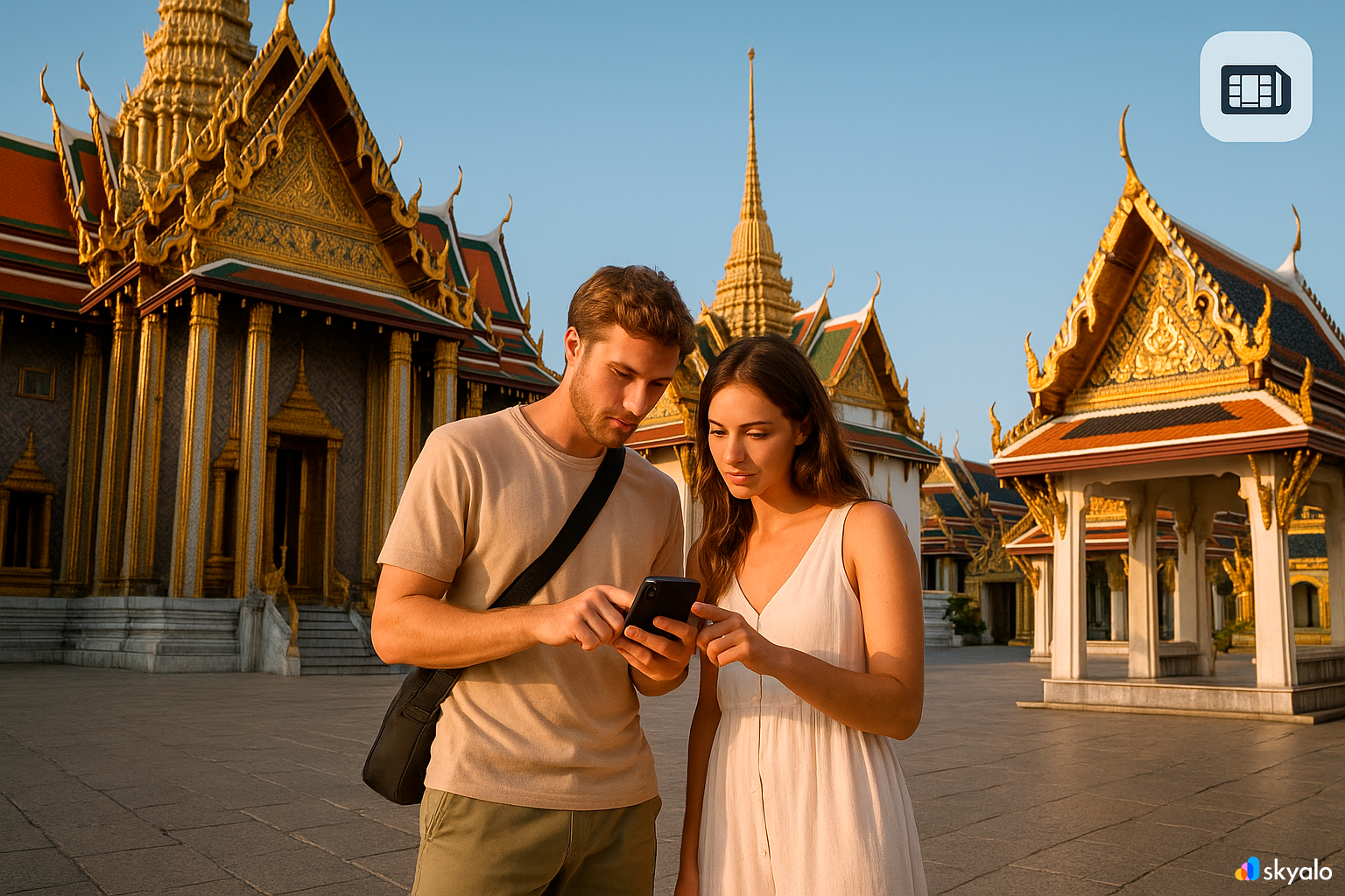 A couple plans their palace tour — online via Skyalo eSIM