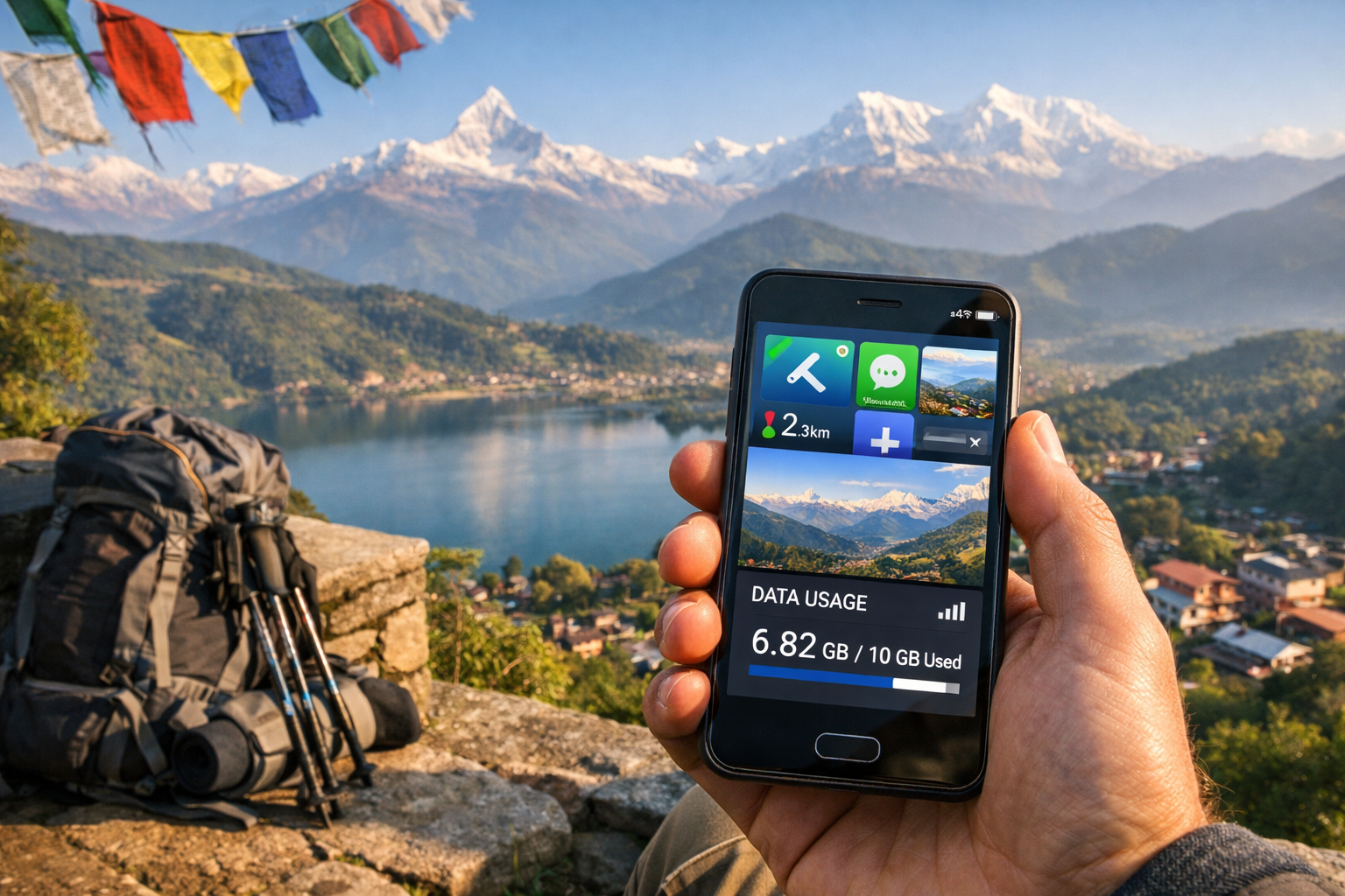 Un turista usa Internet mobile sullo smartphone con vista sulle montagne del Nepal.