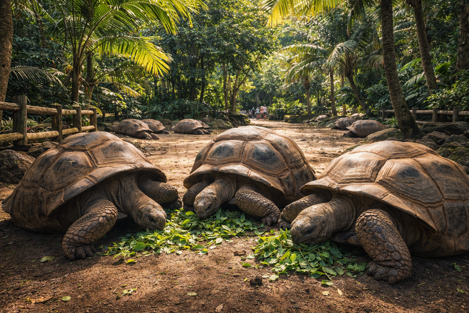 La Vanille Park in Mauritius with giant tortoises, tropical vegetation, green pathways, and a calm natural atmosphere