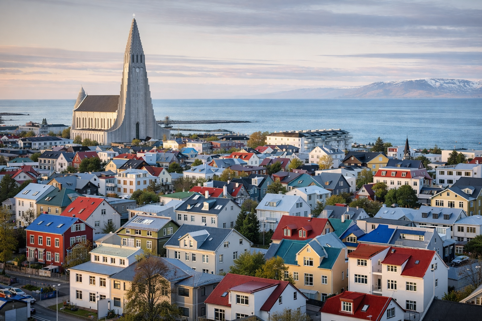 Reikjavīka Islandē ar košām ziemeļu mājām, pilsētas panorāmu, Hallgrímskirkja baznīcu un mierīgu piekrastes atmosfēru