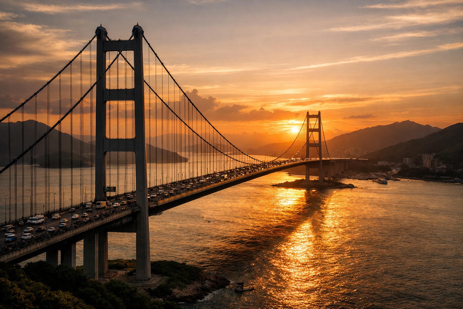 The Tsing Ma suspension bridge over the sea channel.