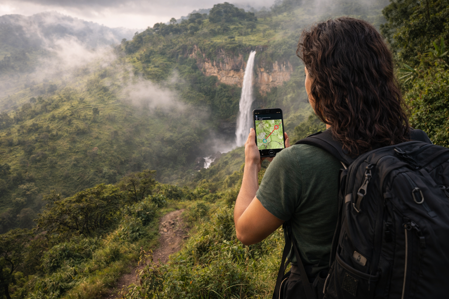 Air Terjun Sipi di Uganda dengan cascades air, bukit hijau dan pelancong dengan telefon pintar dan eSIM di laluan