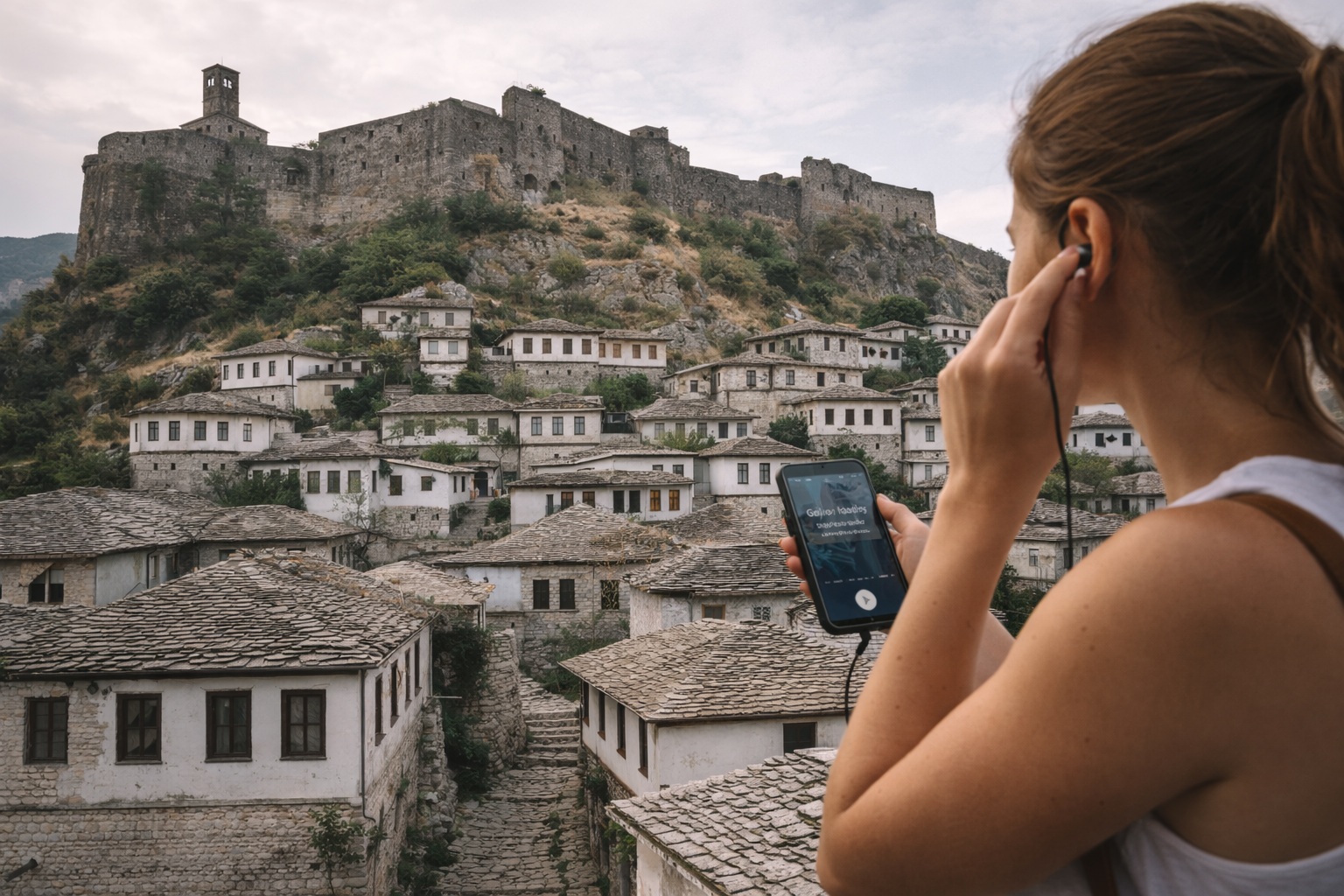 The stone fortress of Gjirokastër and a mountain panorama in Albania