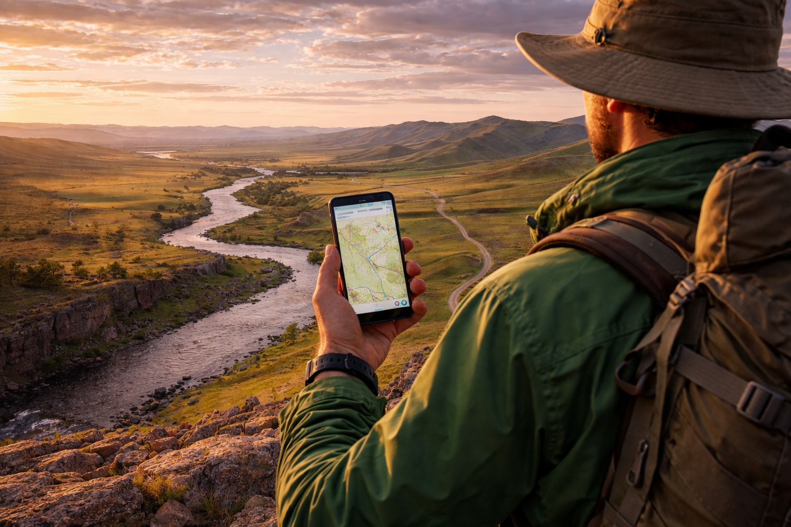 El valle del Orjón con río, colinas, carretera y un viajero con smartphone y eSIM activa usando la navegación de la ruta