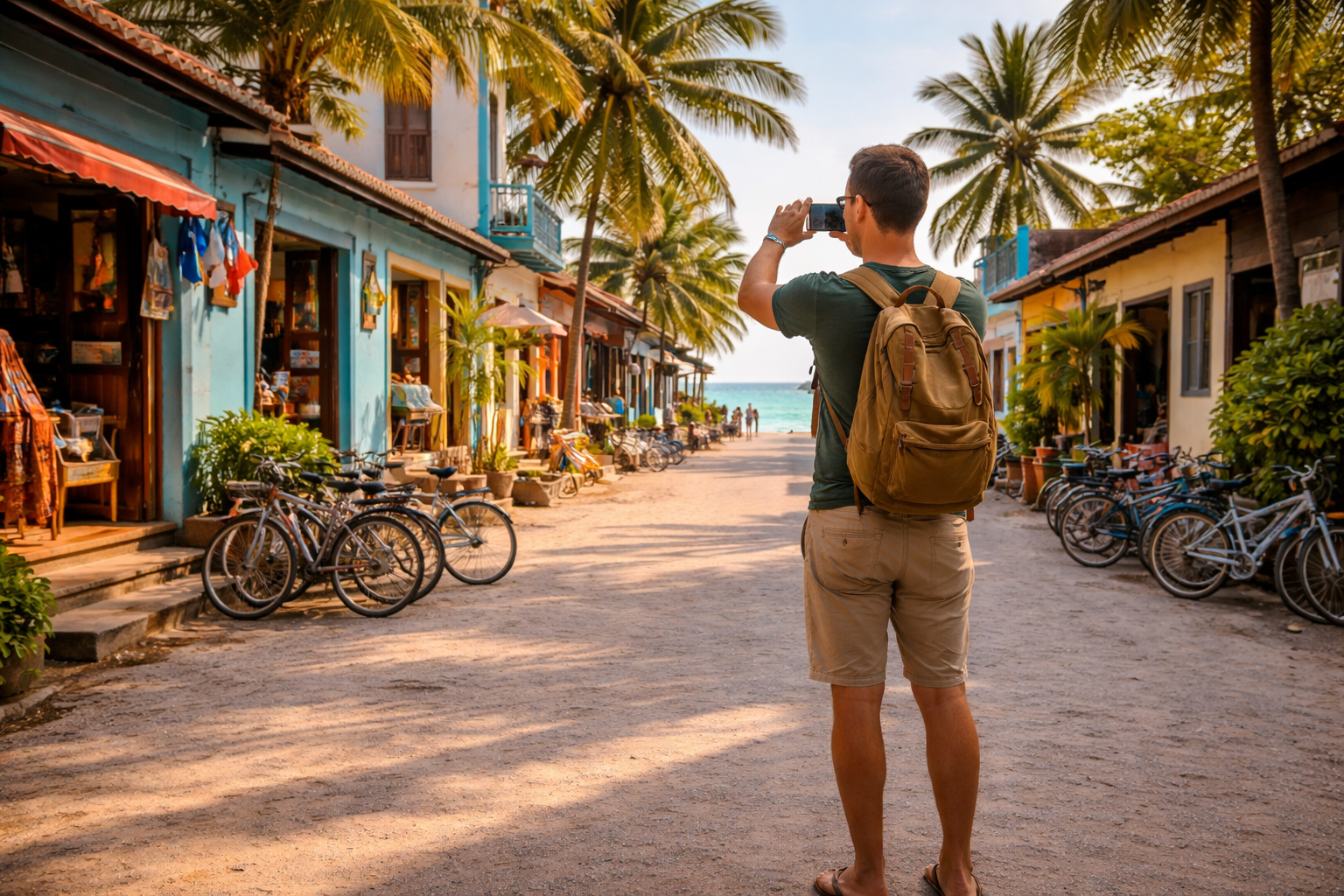 רחוב נעים באי אוטילה בהונדורס עם דקלים, חנויות צלילה, נוף לים ומטייל עם סמארטפון עם eSIM פעילה