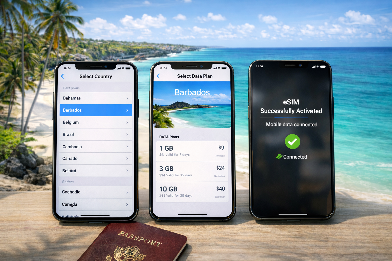 Attivazione eSIM per Barbados su tre smartphone sullo sfondo di una spiaggia caraibica: scelta del Paese, scelta del piano e schermata di attivazione riuscita