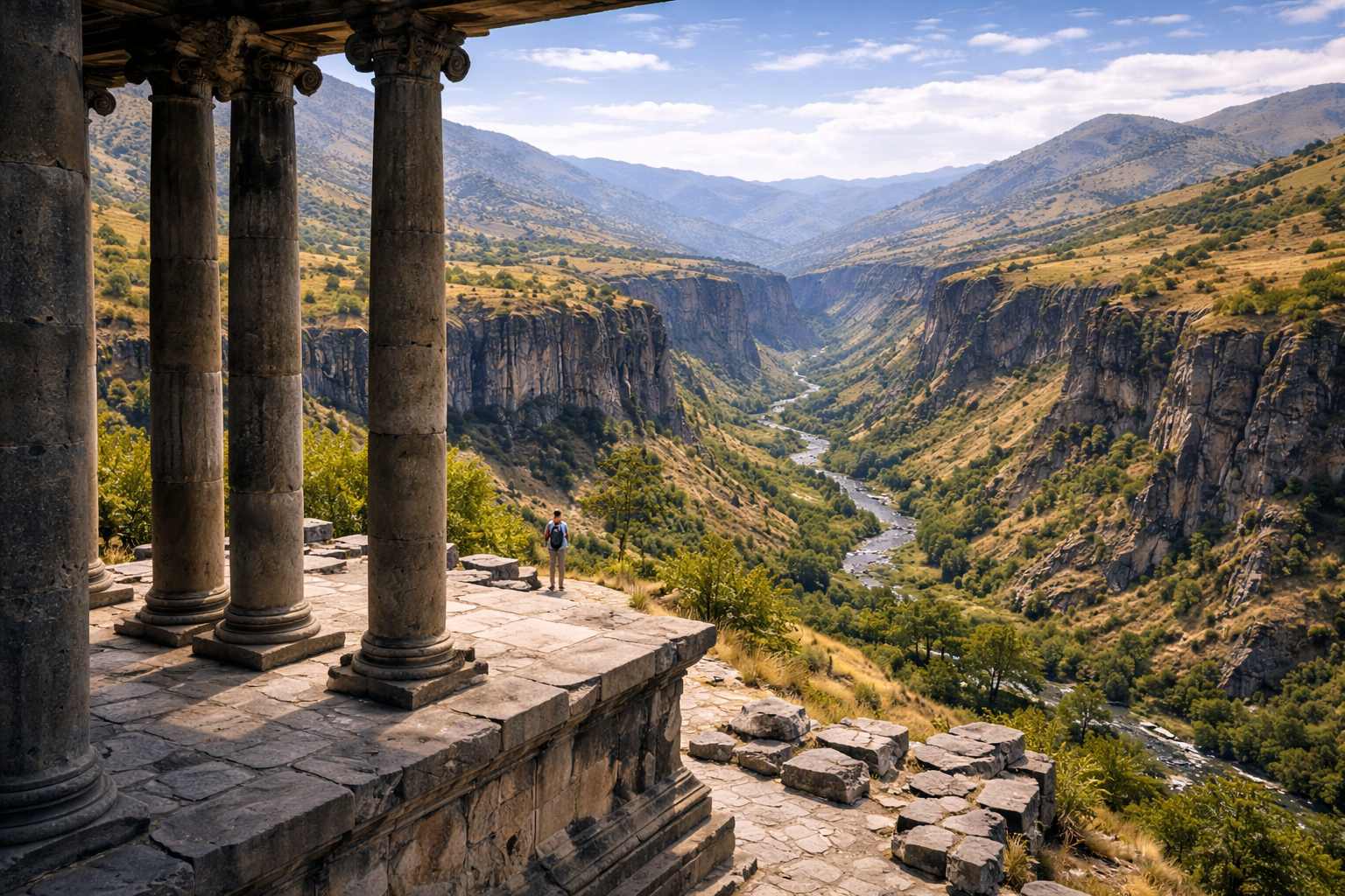 Garni Temple on the edge of the Azat River gorge with views of basalt cliffs and a traveler using a smartphone with an eSIM for navigation