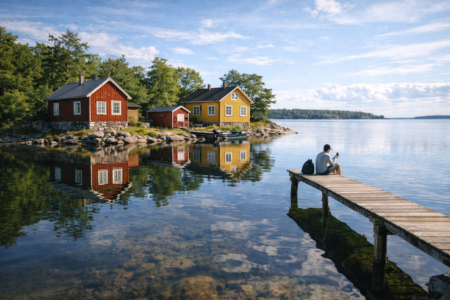 Traditional wooden cottages by the water in the Åland Islands and a traveler with an eSIM-enabled smartphone