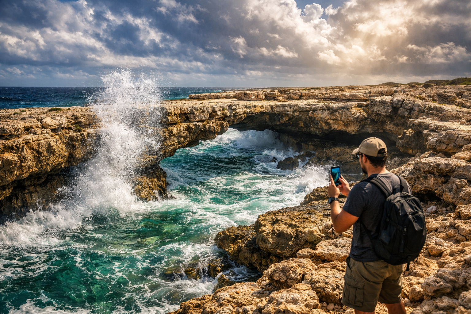 Devil’s Bridge in Antigua — a natural limestone arch and powerful ocean waves; a traveler shares the view online via eSIM