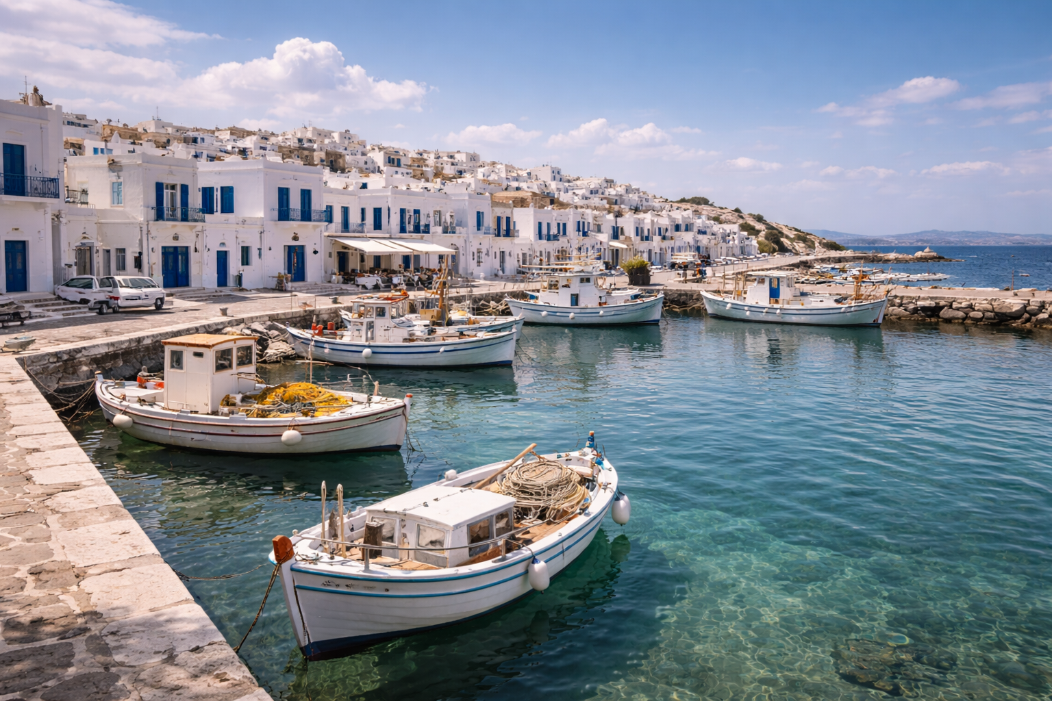 Paros harbor with white houses, blue shutters, and fishing boats