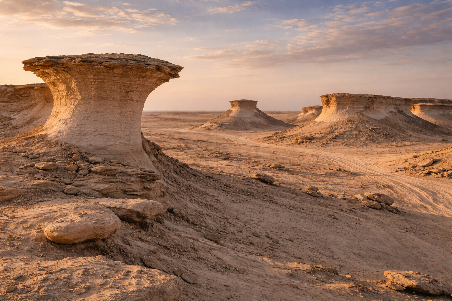 נוף מדברי בזכריט עם מצוקי גיר יוצאי דופן וקו אופק רחב
