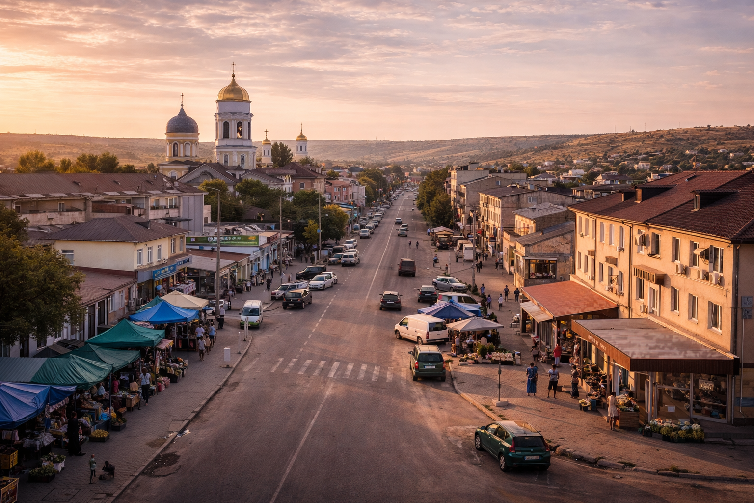 העיר קומראט במולדובה עם רחובות רחבים, בנייה עירונית, אור דרומי ואווירה של מרכז אזורי.