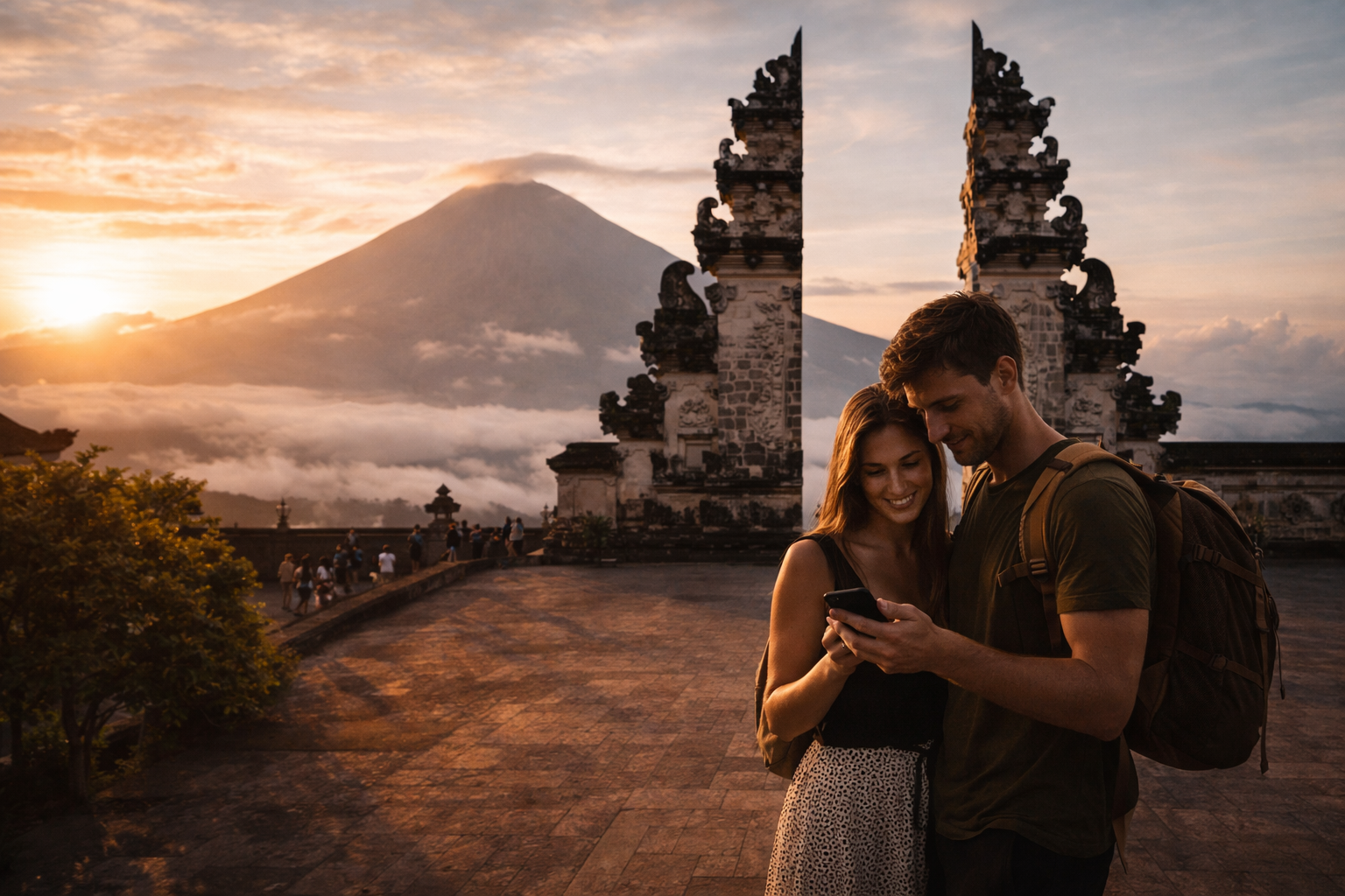 Lempuyang Gates with travelers reviewing photos on a phone