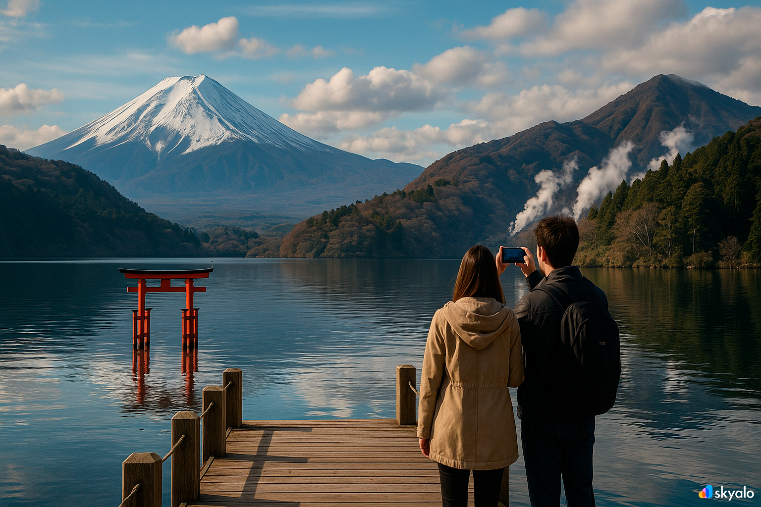 Couple photographing the torii at Lake Ashi with Mount Fuji beyond, calm waters glowing softly
