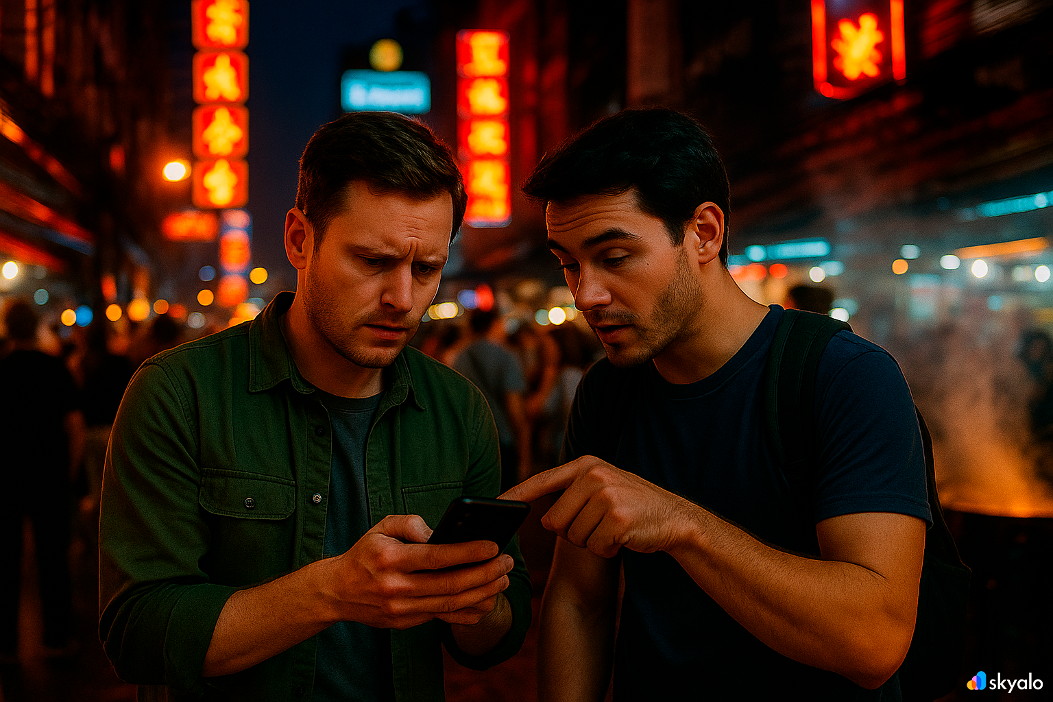 Friends hunt for the best pad thai — navigation via Skyalo eSIM never fails