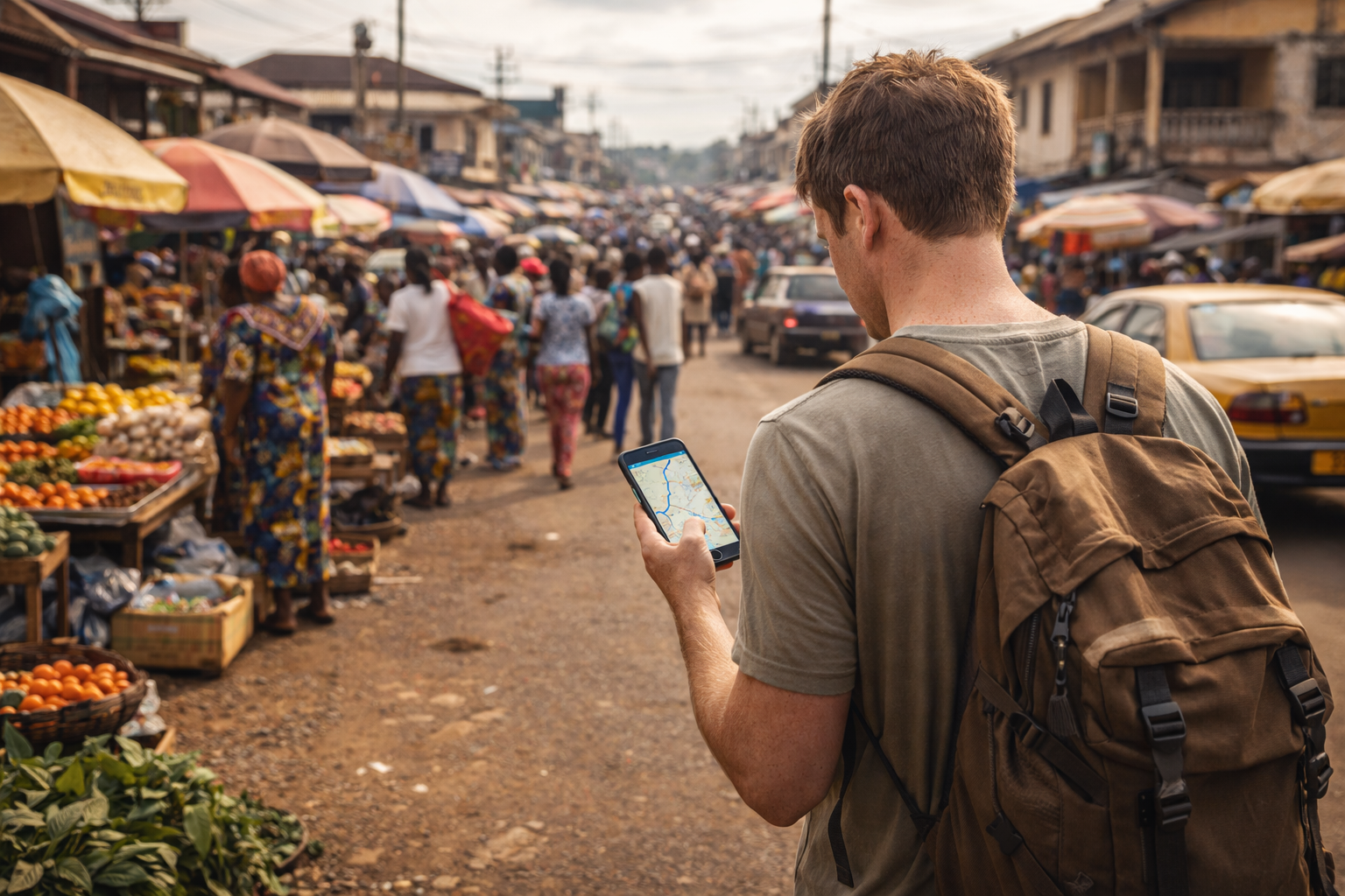 Gantos miestas su turgumi ir keliautoju, žiūrinčiu maršrutą telefone
