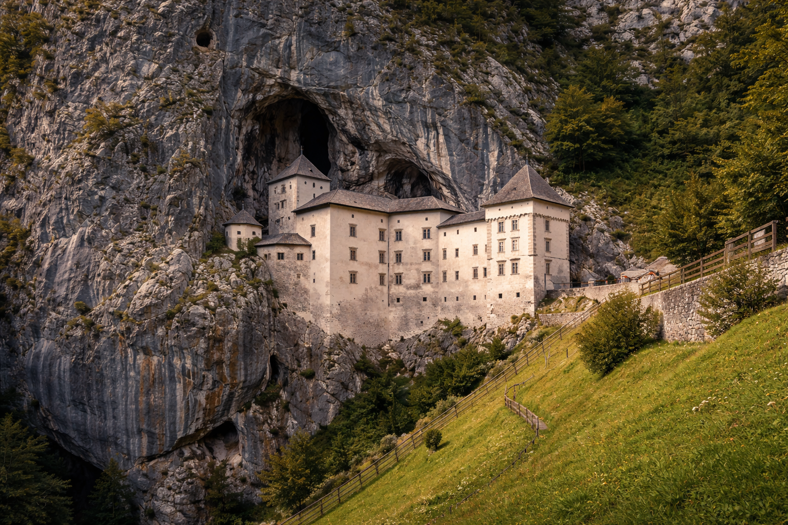 טירת פרדיאמה בסלובניה, בנויה בתוך צוק ענק, בין גבעות ירוקות ונוף סלעי דרמטי