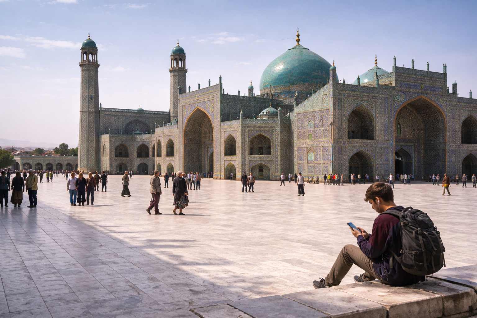 The Blue Mosque of Mazar-i-Sharif and a traveler with eSIM