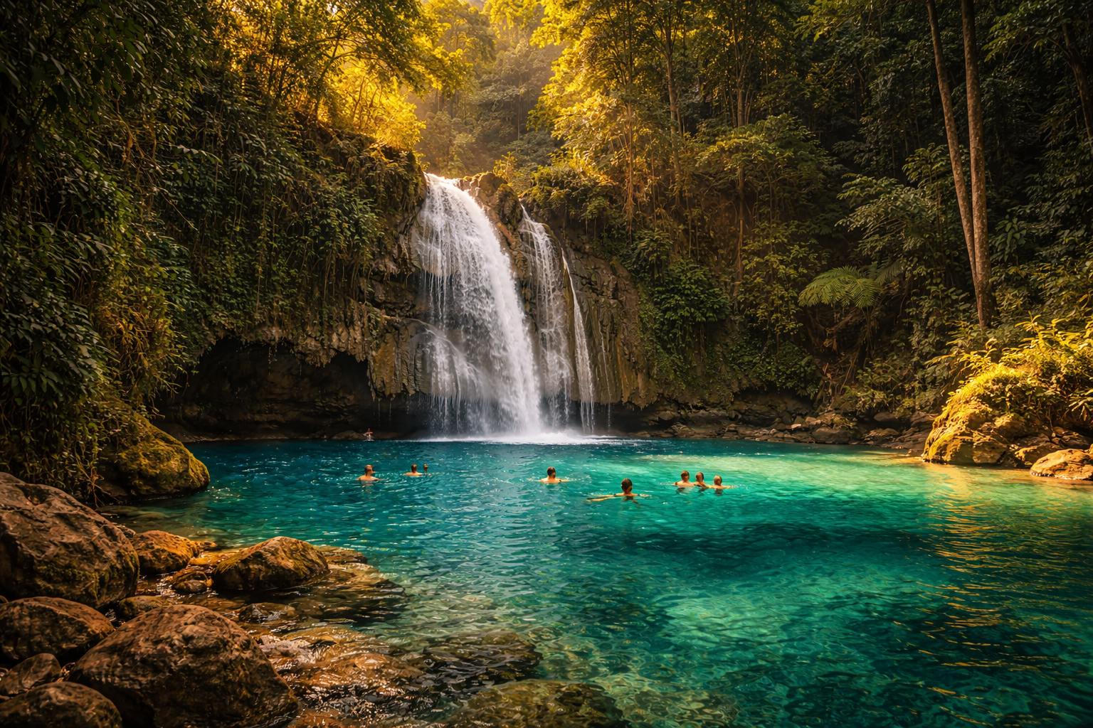 Turquoise cascades of Kawasan Falls amid the jungles of Cebu Island.