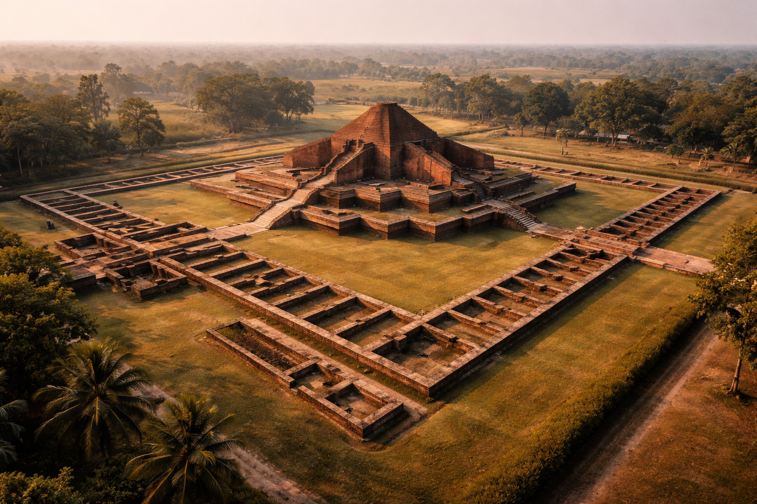 הריסות עתיקות של מנזר בודהיסטי בפהרפור ממבט על, המראות את הגאומטריה והקנה מידה של המתחם